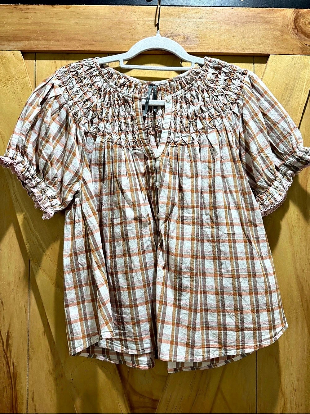 Pilcro Smocked Swing Blouse Plaid Brown & Pink Like New